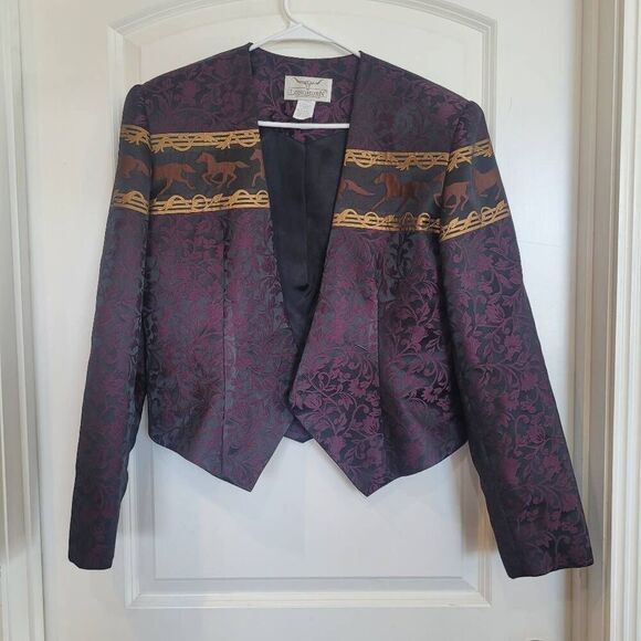 Longhorn Vintage Women's Burgundy/Black/Gold Acetate/Poly Horse Western Wear Jac - Picture 2 of 13